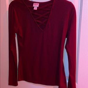 long sleeved burgundy shirt